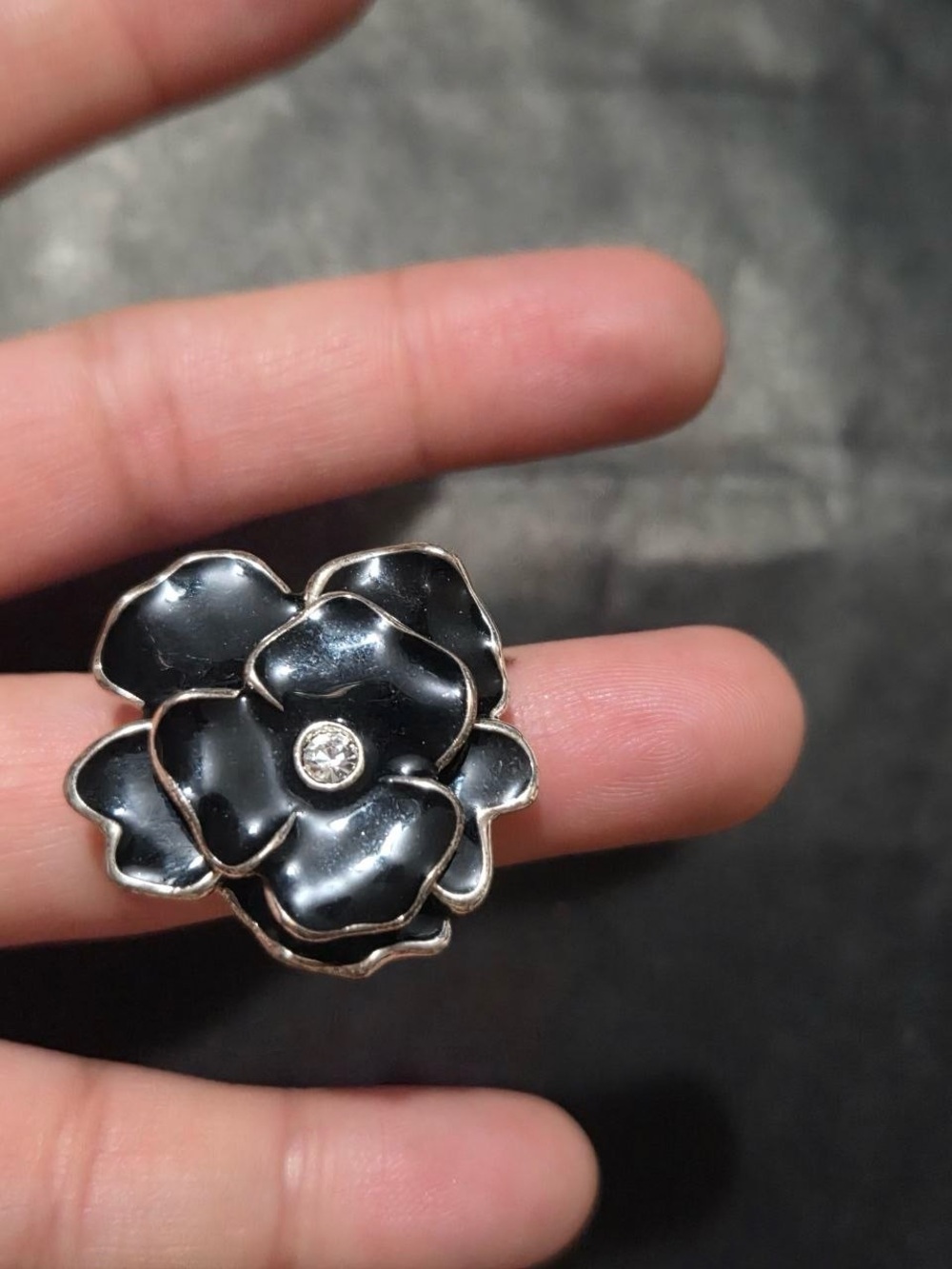 Black Flower Pin Brooch with Crystal Center - Women's Jewelry